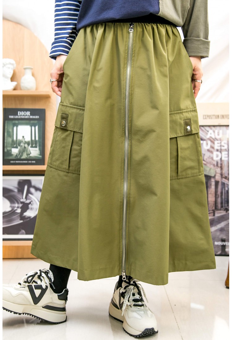 2315-1240A-型格- 橡根腰 ‧ 前幅拉鏈 ‧ 風褸雙面料半截裙 (韓國)  
